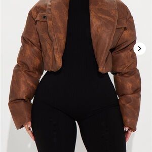 Fashion Nova Brown Puffer Jacket with Ribbed Cuffs
